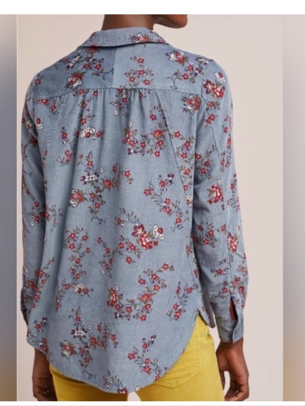 Anthropologie Corduroy Button Up Top Blue With Floral Design - Picture 2 of 8